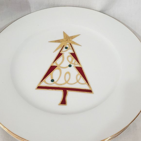 Set of 4 Pier 1 Christmas Tree 7.5” Dessert Salad Plate stylized holiday tree - Picture 2 of 9